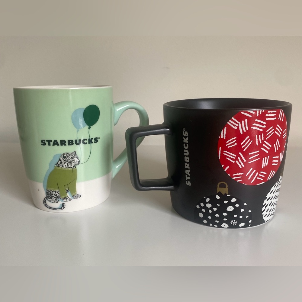 STARBUCKS Coffee Mugs 10oz Leopard in Green Sweater & 14oz Christmas Ornaments